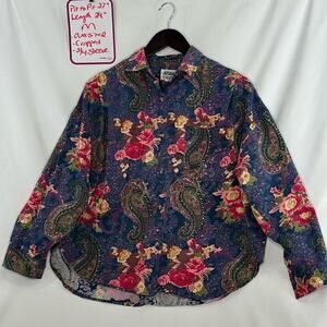 At Last Basics Shirt Blue Pink Floral Paisley Button Up Medium VTG 90s Boho